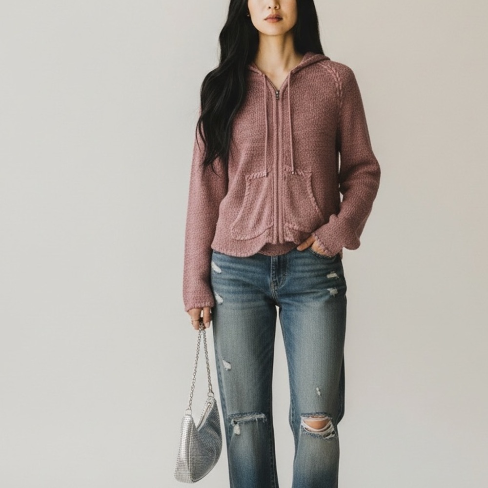 BCBGMaxAzria vintage Y2K full-zip pink woven knit sweater hoodie Spring coquette